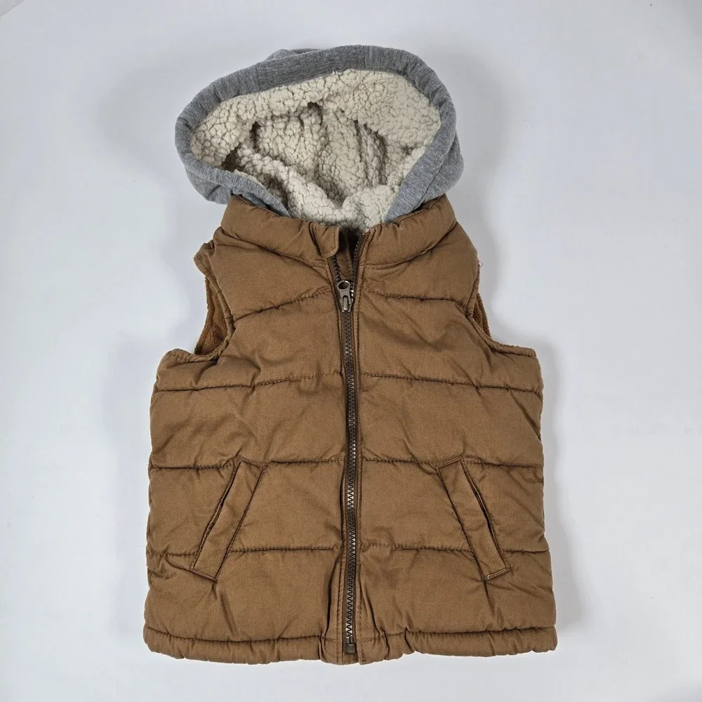 Old Navy Puffer Vest Toddler 3T Brown Hooded Fleece Lined Sleeveless Jacket Coat